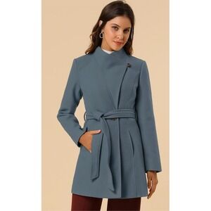 Allegra K Womens Belted A Line Coat Stand Collar Gray Blue Size S‎ NWT
